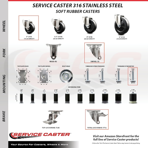 Service Caster 3 Inch 316SS Soft Rubber Swivel 12mm Threaded Stem Caster Set Lock Brake SCC SCC-SS316TSTTL20S314-SRS-M1215-4 - main